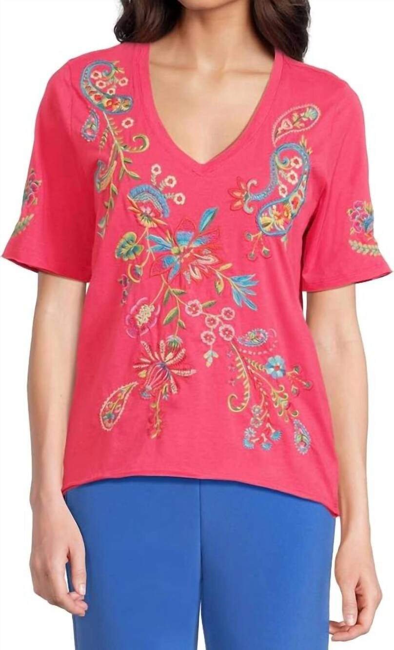 NEW JOHNNY WAS raw hem v-neck tee in raspberry